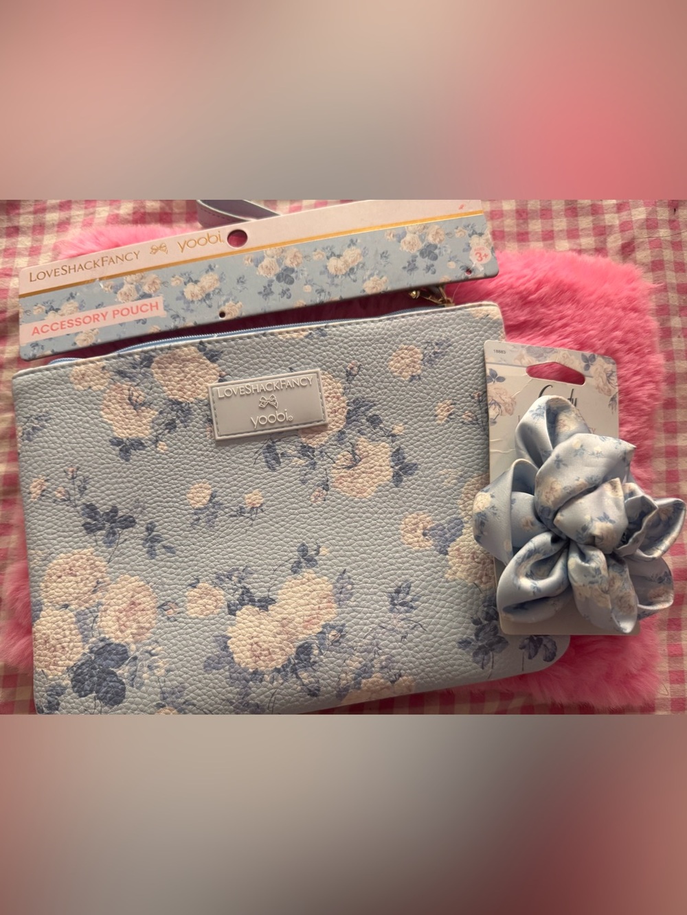 LoveShackFancy Light Blue and Cream Floral Cosmetic Pouch hair tie